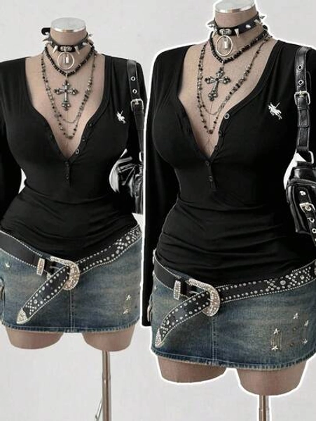 Sunspun V-Neck Button Front Embroidered Horse Logo Long Sleeve Slim Fit Waist Cinched Blouse, Versatile For Commuting, Plus Size
