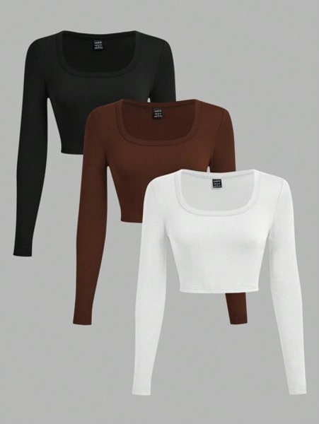 SHEIN EZwear 3 Pcs Casual U-Neck Form-Fitting Cropped Long Sleeve T-Shirts In Black, Brown, White, Suitable For Spring, Autumn, Winter Autumn And Winter