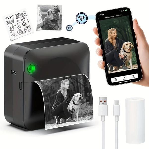Micro Printer, Pocket Printer, Inkless Sticker Thermal Printer with 1 Roll of Thermal Paper, Wireless Portable Receipt Printer, Suitable for Photos, Diaries, Notes, and Memos