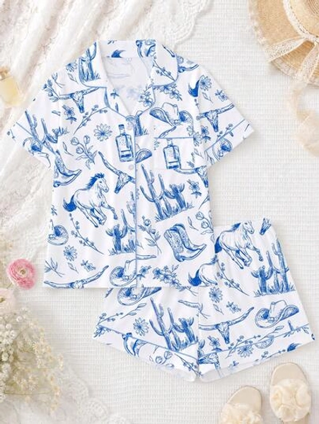 2pcs Women Pajama Set, Western Pattern Print, Ladies Homewear, Spring/Summer Holiday Outfit, Short Sleeve Lapel Top And Shorts Lounge Set - Size XXL