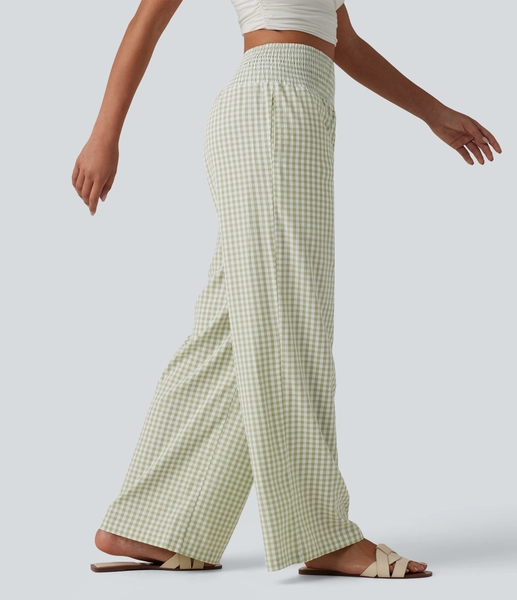 High Waisted Shirred Gingham Casual Baggy Pants with Pockets