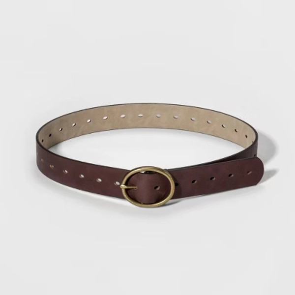 Women's Adjustable Jean Belt with Rounded Design Buckle - Universal Thread™ Brown L: Solid Leather