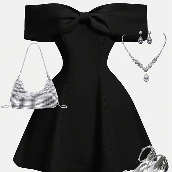 [Mini Party Dress] Black Mini Party Dress with Off-Shoulder Design and Ruffle Detailing, Suitable for Teenagers, for Teenager