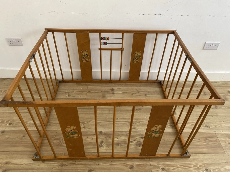 Vintage Wooden Folding Baby Playpen Teddy Bear Nursery Display Prop Retro Pen