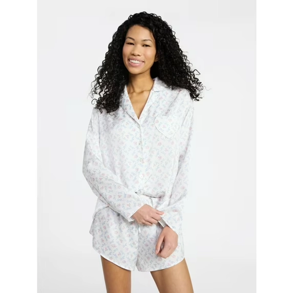 No Boundaries Sleepwear Satin Long Sleeve Button-Up Top and Shorts Set, 2-Piece, Women’s XS-XXL