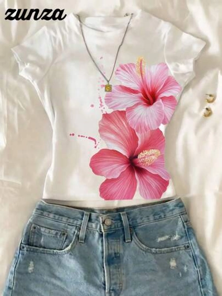 Tween Girls Floral Print Short Sleeve Casual Versatile T-Shirt For Summer Young Girl Summer Tops Summer Outfits For Girls Summer Girls Outfit