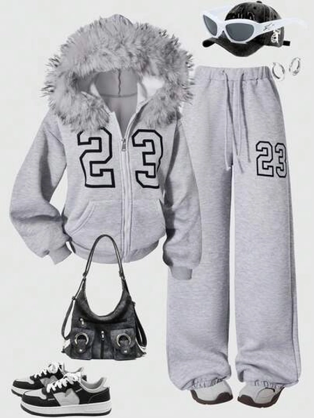 SHEIN Girls' Hooded Printed Long Sleeve Sweatshirt Jacket & Wide Leg Printed Casual Pants Set, Suitable For Outings, Play, Back To School, Can Be Paired With Coats, Jackets, Down Jackets