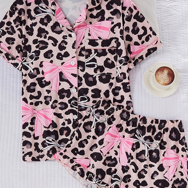 Teenager'S Sweet Cool Leopard Print Bow Sleepwear Set with Pockets, Button-Up Collar Cardigan Short Sleeve Top And Ruffled Shorts, All-Season Versatile Pajama 2pcs Set, for Teenager, For Teenager