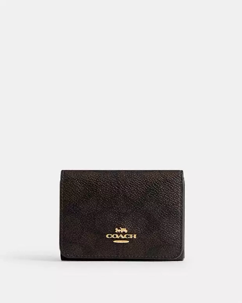 Coach Gold/Walnut/Tan Card Holder Wallet In Blocked Signature Canvas