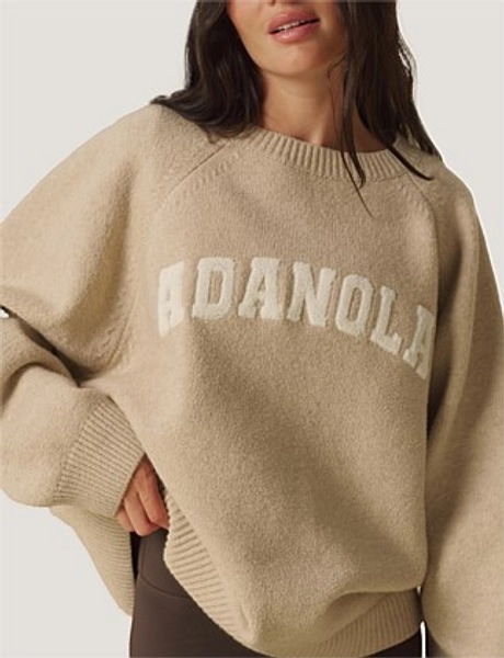 Varsity Boucle Oversized Knit Sweatshirt - oatmeal/white - XS