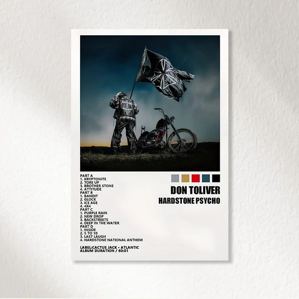 1pc Don Toliver 'Hardstone Psycho' Album Poster - Frameless Canvas Wall Art Poster with Track Listings - Modern Hip-Hop Decor Featuring Motorcycle Rider & Flag - for Living Room, for Man Cave, Home Studio - 12x18 Inches - Perfect Gift for Rap Fans, Music Poster, Bold Flag Design, Highquality Print, Durable Material, Urban Decorators