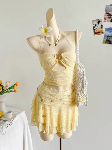 Soleia Women Holiday Summer Yellow Lace Splice Ruched Halter Top + Double Layer Lace Ruffle Mini Skirt Set, Suitable For Holiday Dates, Afternoon Tea, Beach, Cruise, City, Music Festival, All Seasons