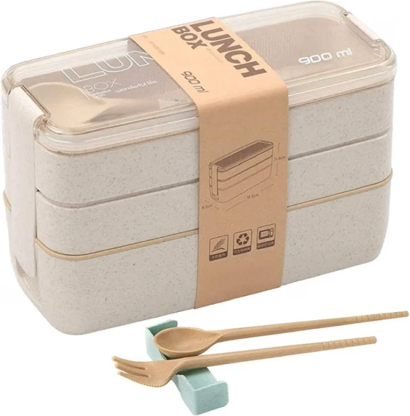 Amazon.com: Rarapop Beige Stackable Bento Lunch Box Kit, 3-In-1 Compartment Wheat Straw Lunch Containers with Tableware, Reusable On-the-Go Meal and Snack Containers: Home & Kitchen