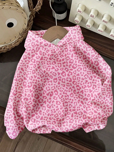 SHEIN EZwear Printed Pink Cute Leopard Pattern Loose Fit Comfortable Sweatshirt, Suitable For Autumn/Winter, Street Style, Airport Style, Chic, Y2K