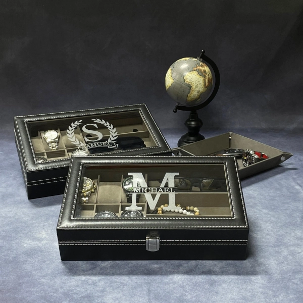 Personalized Black Leatherette Watch Box - Glass Top Display Case