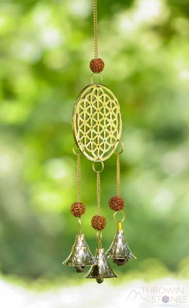 Golden WIND CHIMES with Brass Bells, Rudraksha Beads  :  Flower of Life, Home Decor E0494