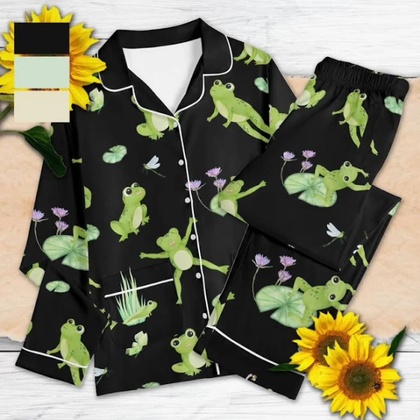 frogsart Frogs Lilypad Print Pajama Set | Wildlife Loungewear, Toads Water Lily Pyjamas, Fun Spring Pjs, Button-Up Nightwear, Girls Matching Pajamas