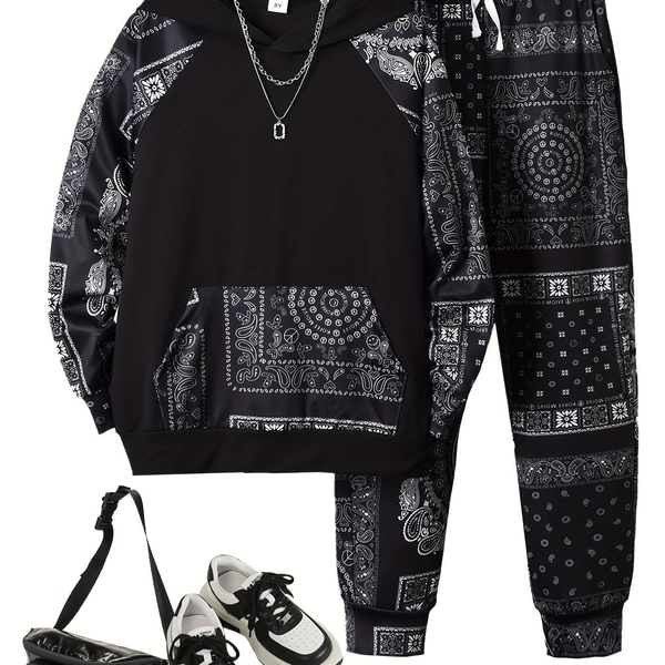 Paisley Patterned T Shirt Sweatshirt Set??Bandana Print?? High Quality Print?? Durable?? Casual and Fashionable??Featuring a Stylish Bandana Design??Ensure Comfortable Allday Wear and Trendy Looks. (162 characters), Everyday Clothing, Set