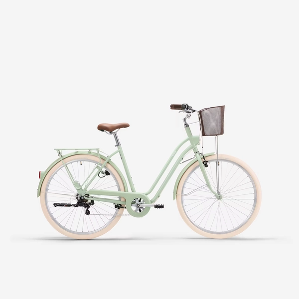 Bicicleta urbana clásica cuadro bajo 28 pulgadas 6 V Elops 520 verde almendra | Decathlon