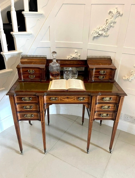 Fine Quality Antique Victorian Freestanding Maple & Co. Inlaid Writing Desk