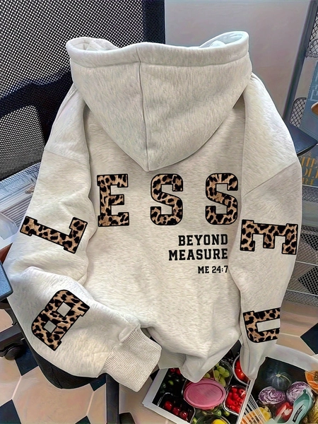 Leopard Print Bible Verse Christian Cute Women Sweatshirt In Grey, Women Winter Clothes New Fall Fashion 2026, Solid Color Long Sleeve Pocket Dropped Shoulder Casual Hooded Sweatshirt For Women