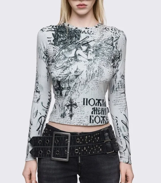 Minga London Long Sleeve Grunge Graphic Top