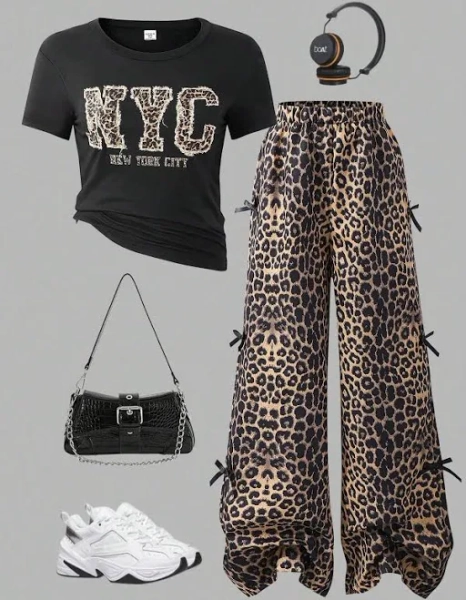SHEIN Girls' Loose Fit Leopard Print Top and Pants Set