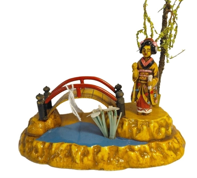Japanese Figurine of Bridge w/ Lady and Tree