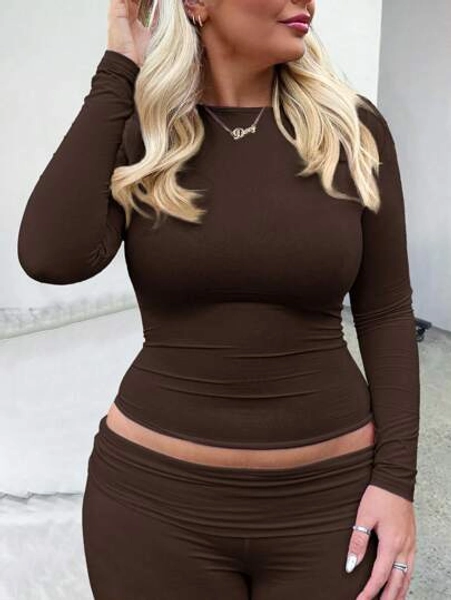 Plus Women's Plain Round Neck Long Sleeve Ruched Fitted T-Shirt, Suitable For Summer And Autumn/Winter Seasons