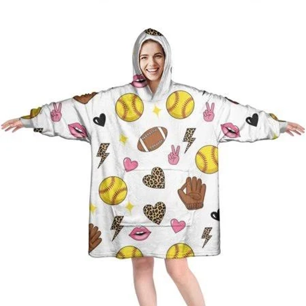 obrewu Colorful Softball and Fashion Icons Pattern Wearable Oversized Blanket,Wearable Blanket Hoodie for Adults,Cozy Hooded Blankets with Super