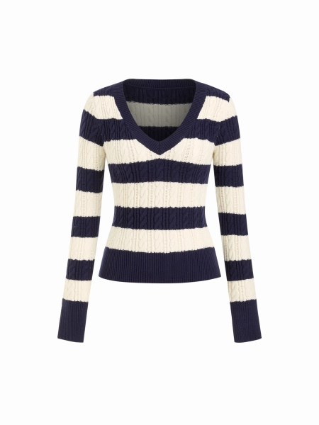 Fall Sweater Fall Sweater Crochet Cable Knit Stripe V-Neck Long Sleeve Top For School Daily Casual Coffee Shop