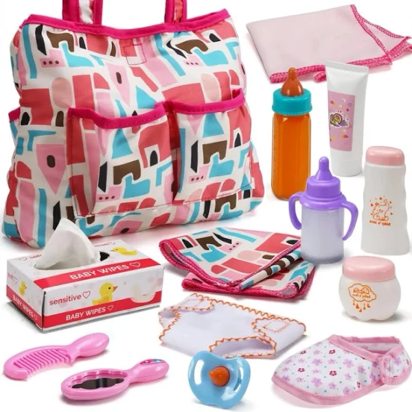 14 Pack Baby Doll Accessories, Baby Doll Feeding and Caring Set Includes Diaper Bag, Doll Diapers, Magic Bottle, Changing Mat for Girl Toddler Kid,