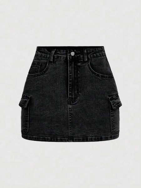 SHEIN MOD Women's Casual Denim Cargo Pocket Mini Skirt