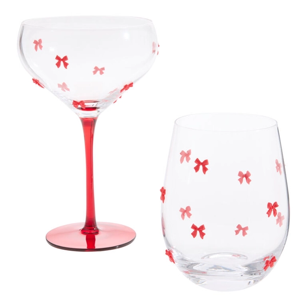 Stemless Wine Red Bows Dimensional Bar Glass