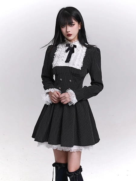 [$69.00]Black Striped Gothic Lolita Dress with Mock Neck and Lace Accents