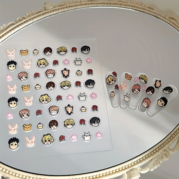 2pcs High School Anime Nail Stickers - Japanese Manga 3D Glossy & Matte, Chibi Character Face & Iconic Hairstyles (Lansing/Cherry Blossom School) for DIY Nail Art, Phone, Laptop, Planner Decals