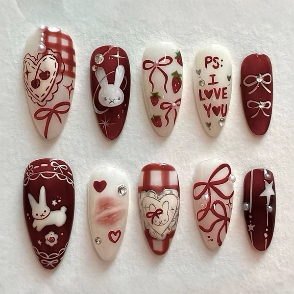 24PCS Medium Almond Press On Nails Wine Red Cute Cartoon Rabbit Bowknot Plaid Pearl False Nails Kawaii Nails Full Cover Wearable - AliExpress 