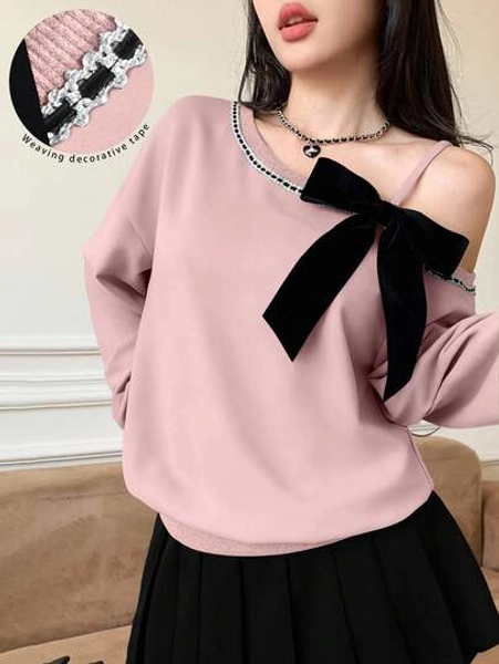 Modelyn Autumn/Winter Bowknot Loose Korean Style Casual Cropped Sweatshirt