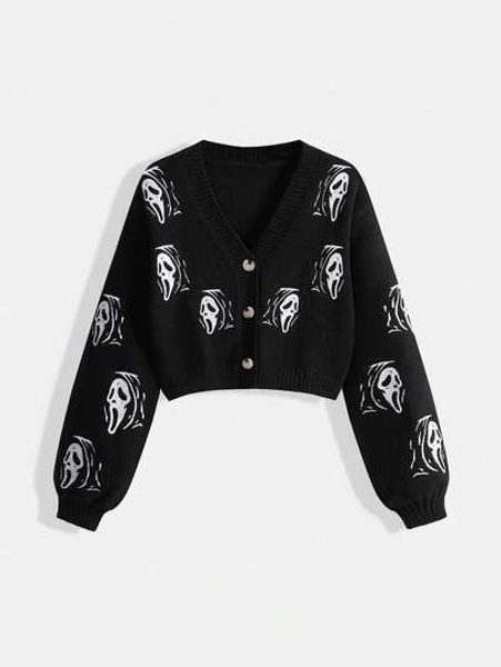 ROMWE Women's Vintage Goth Skeleton Head Embroidered Cardigan