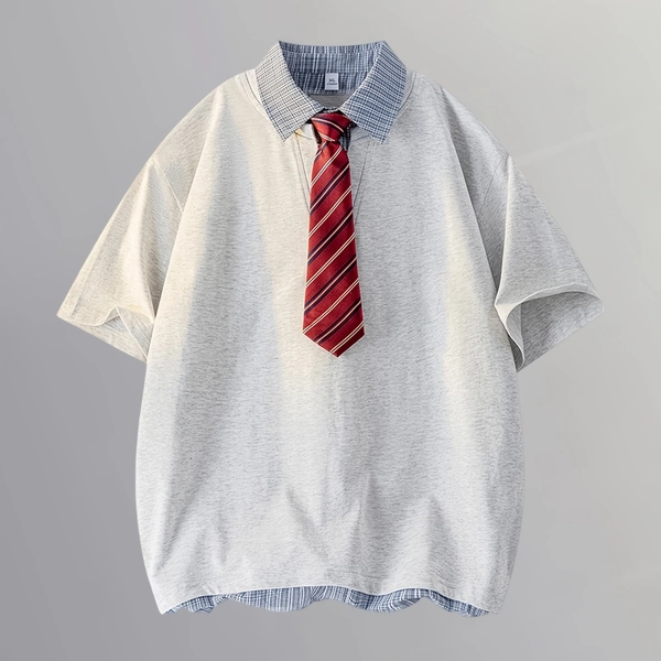 Men's Short Sleeve T-Shirt, Preppy Style Summer 2-in-1 Look Shirt Collar, Casual and Versatile Short Sleeve Top