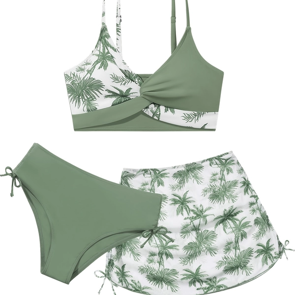 Girls Swimsuits 3pcs Bathing Suit Tropical Printed Criss Cross Bikini Set with Cover Up Skirt Beach Swimwear Skirt 9-16 Years