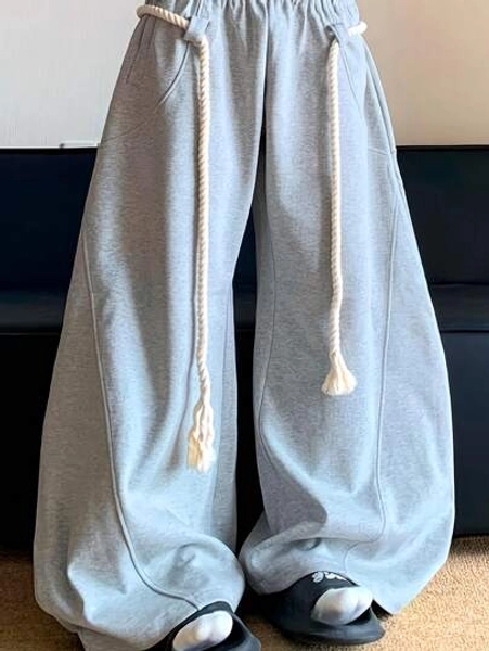 Men's Grey Thick Rope Drawstring Loose Wide Leg Casual Pants