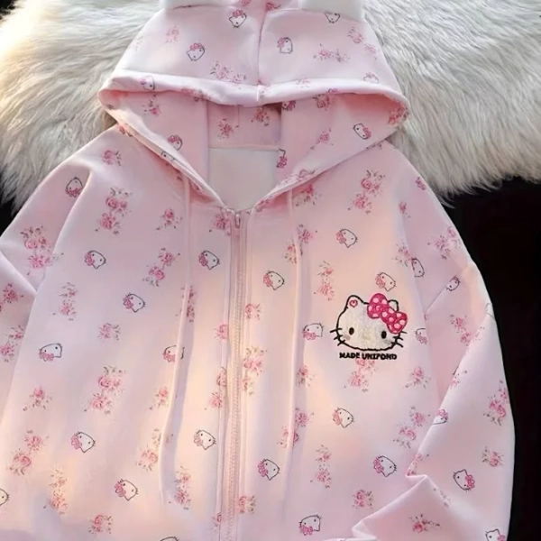 women Cutecore 2025 New American Sweet Cool Cute Kitty Cat Embroidery Long Sleeve Zip-Up Hoodie