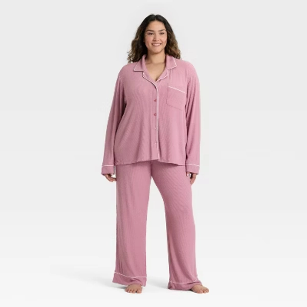 Women's Cozy Ribbed Notch Collar Long Sleeve Shirt and Pants Pajama Set - Auden™ Pink 3X
