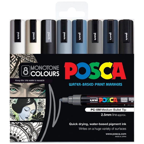 POSCA PC5M Paint Markers Monotones 8 Pack