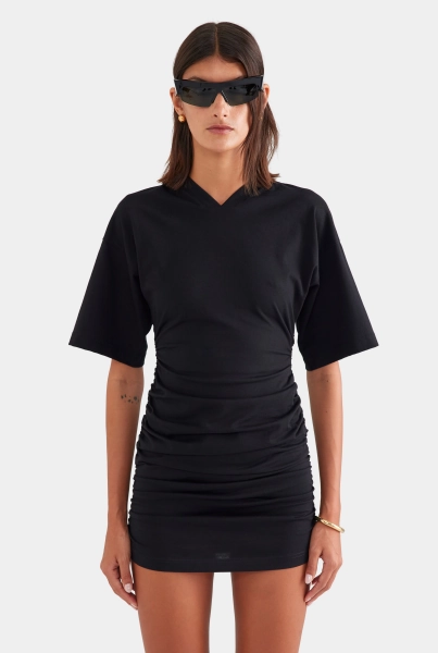 Gathered T Shirt Mini Dress - Black