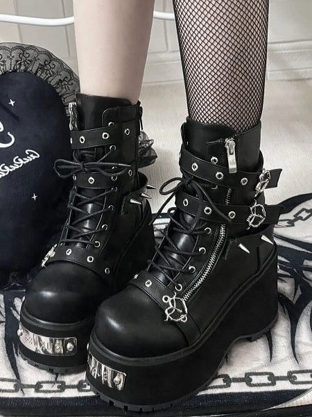 [$62.00]Polished Black/Matte Black Punk Stud Buckle Strap Gothic Platform Boots