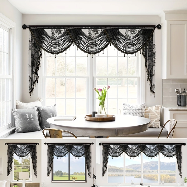 1pc Black Lace Valance Flower Pattern Short Curtain, European Style Wave Curtain Head, Rod Pocket, Suitable For Windows, Doors, Blocking Decoration Living Room Home Decor