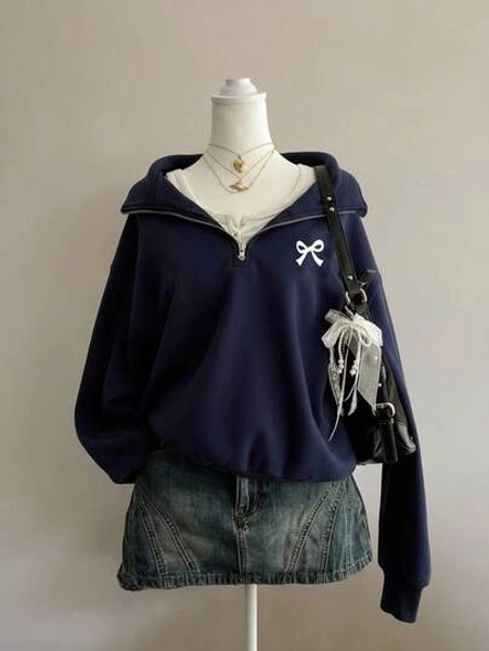 SHEIN ChillGRL Teen Girls Zip-Up Hoodie With Bow Print, Comfortable Navy Blue Sweatshirt, Suitable For Autumn/Winter Wear