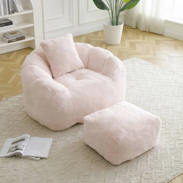 mercer41 Large Bean Bag Chair with Ottoman Plush Faux Fur Shell-Shaped Lounger